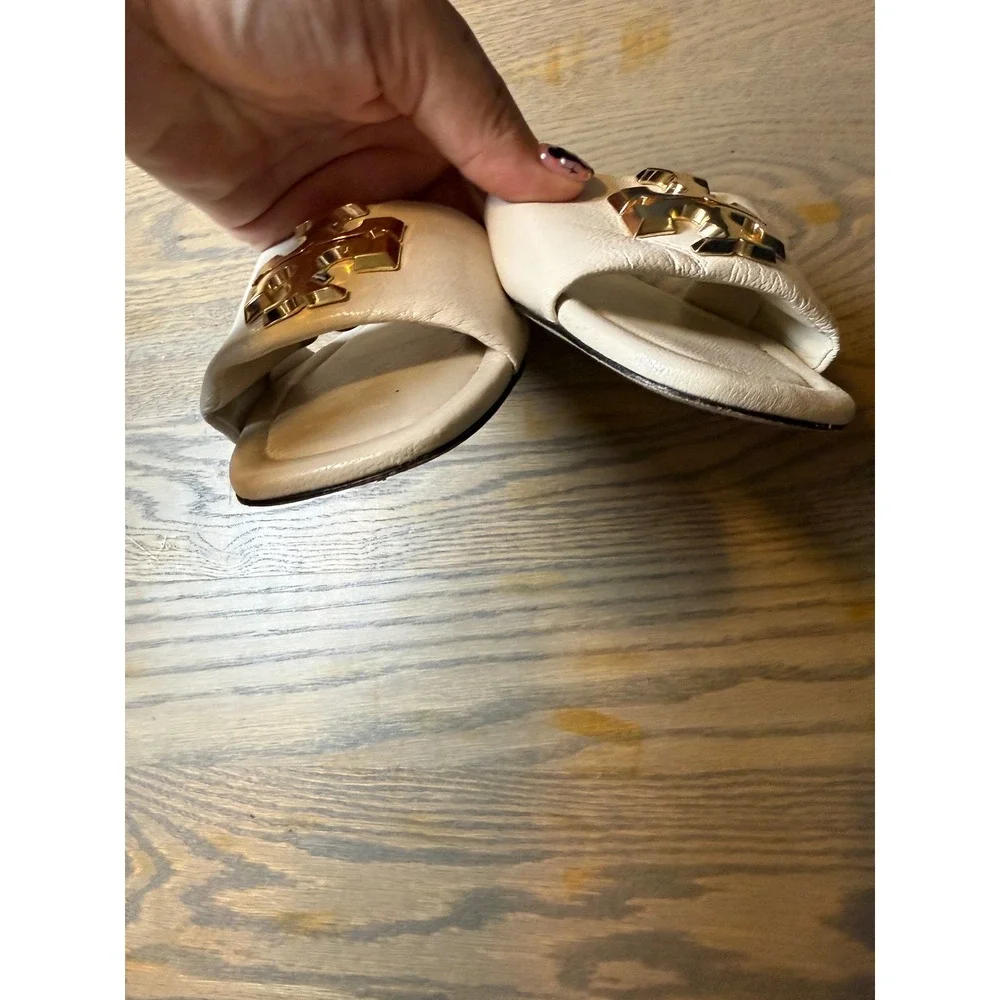 Tory Burch Eleanor Slide Sandals New Ivory Leather Gold Logo Flat 5M